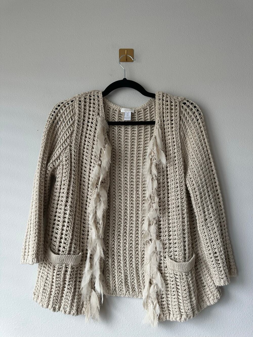 Chico’s Crochet Open Front Cardigan Fringe Trim Boho Coastal Festival Size M